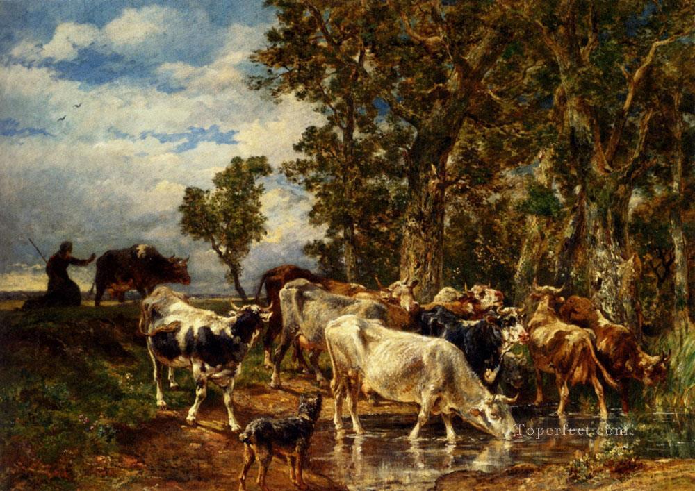 Troupeau De Vaches A L Abreuvoir animalier Charles Emile Jacque Oil Paintings